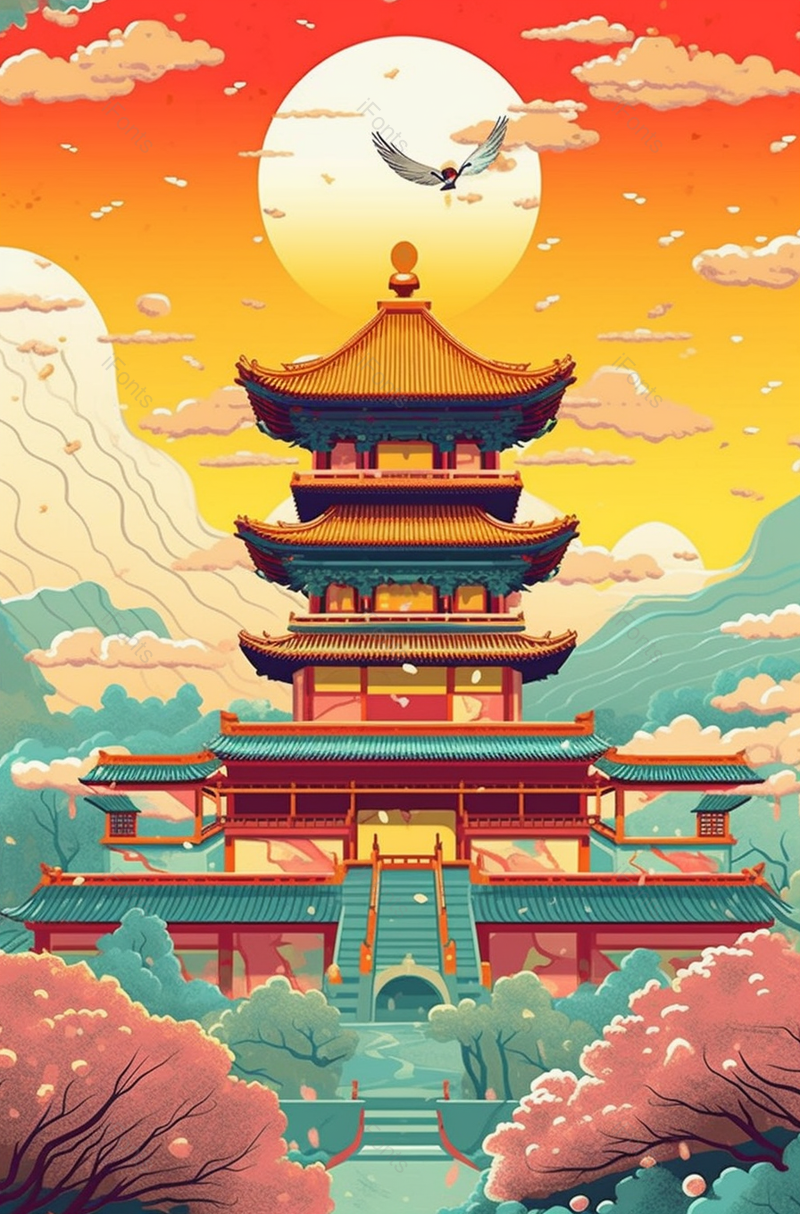 国潮风冬天的紫禁城故宫博物馆宫殿建筑插画远山仙鹤祥云天灯绽放国潮插画,插画/手绘图,插画/手绘图库,插画/手绘图下载,插画/手绘
